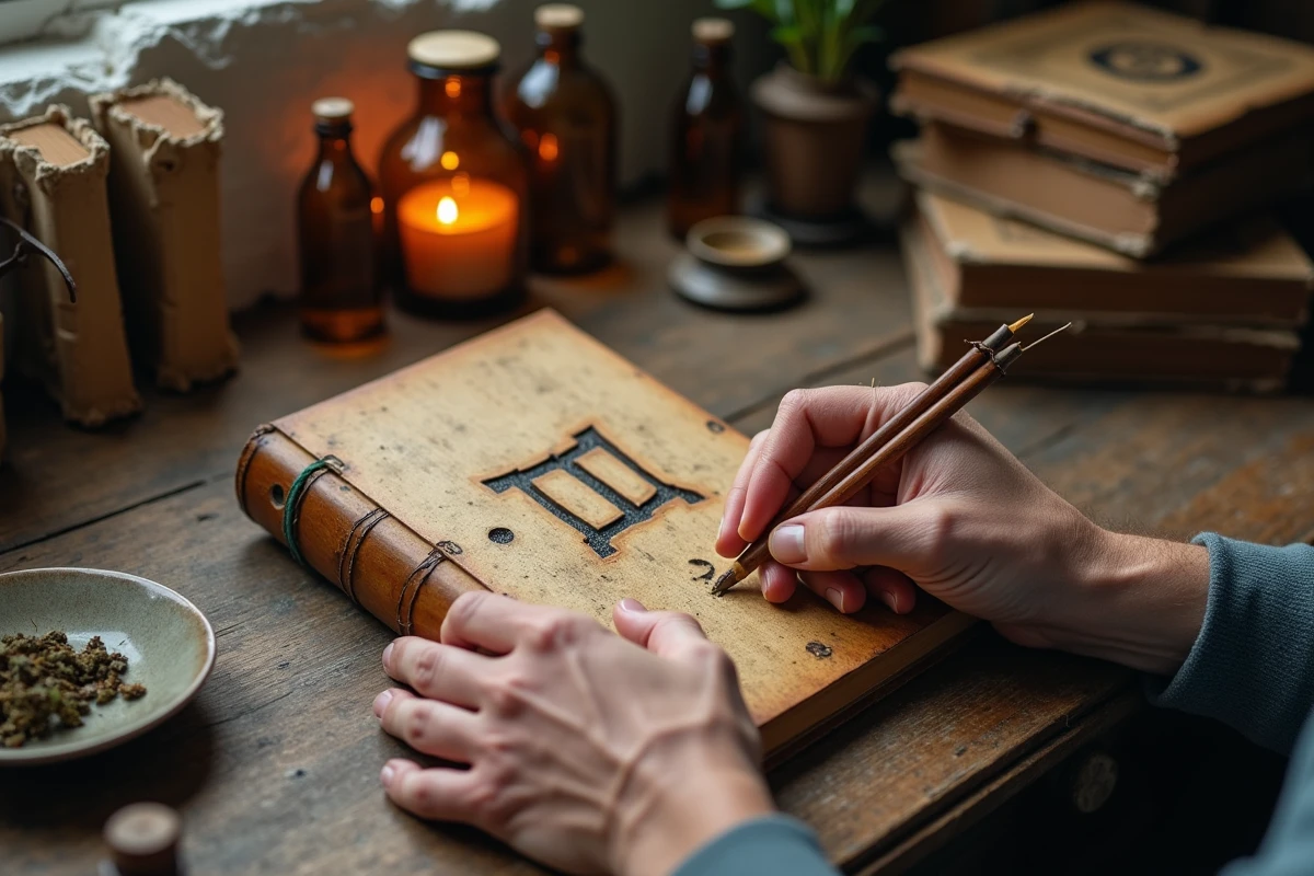 Mains âgées traçant la rune Vegvisir gravée sur un carnet en bois dans un espace de contemplation intimiste