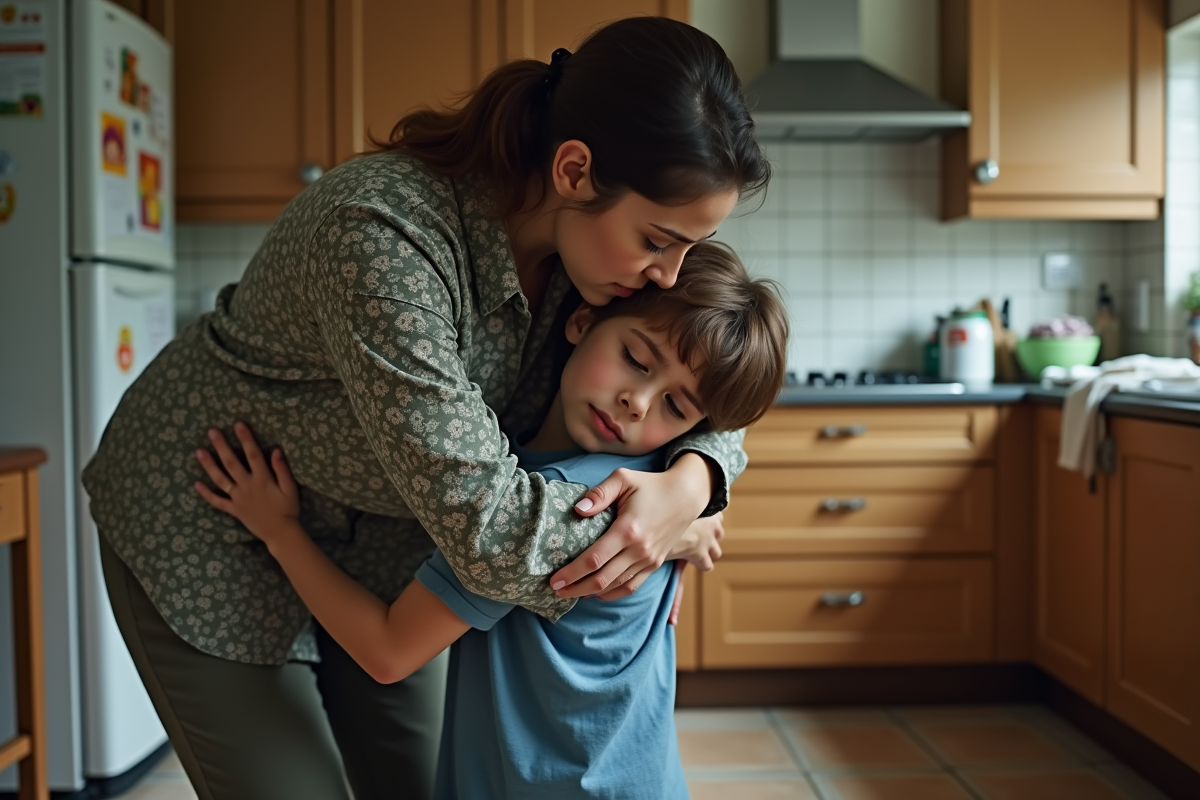 Maman réconforte son fils triste dans la cuisine