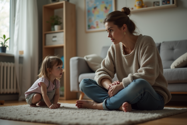 Maman pensif regardant sa fille jouer dans le salon