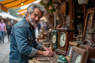 Homme d'âge moyen arrangeant des objets vintage au marché