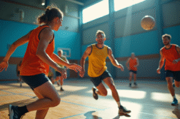 Match de handball intense en salle lumineuse