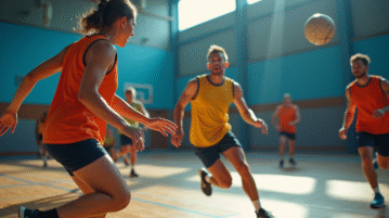 Match de handball intense en salle lumineuse
