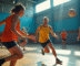 Match de handball intense en salle lumineuse
