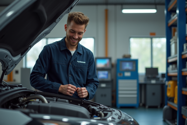 Jeune mécanicien en atelier travaillant sur une voiture hybride