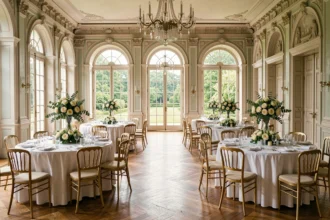 Salle de réception élégante dans un château des Yvelines décorée pour un mariage avec tables rondes et parquet brillant