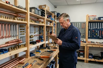 Atelier de plomberie professionnel dans le Nord avec un artisan en uniforme consultant ses notes