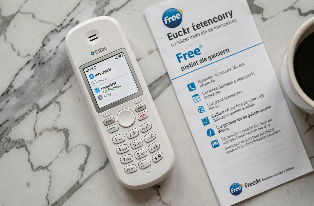 Combiné DECT affichant le menu de configuration du répondeur Free fixe posé sur un comptoir