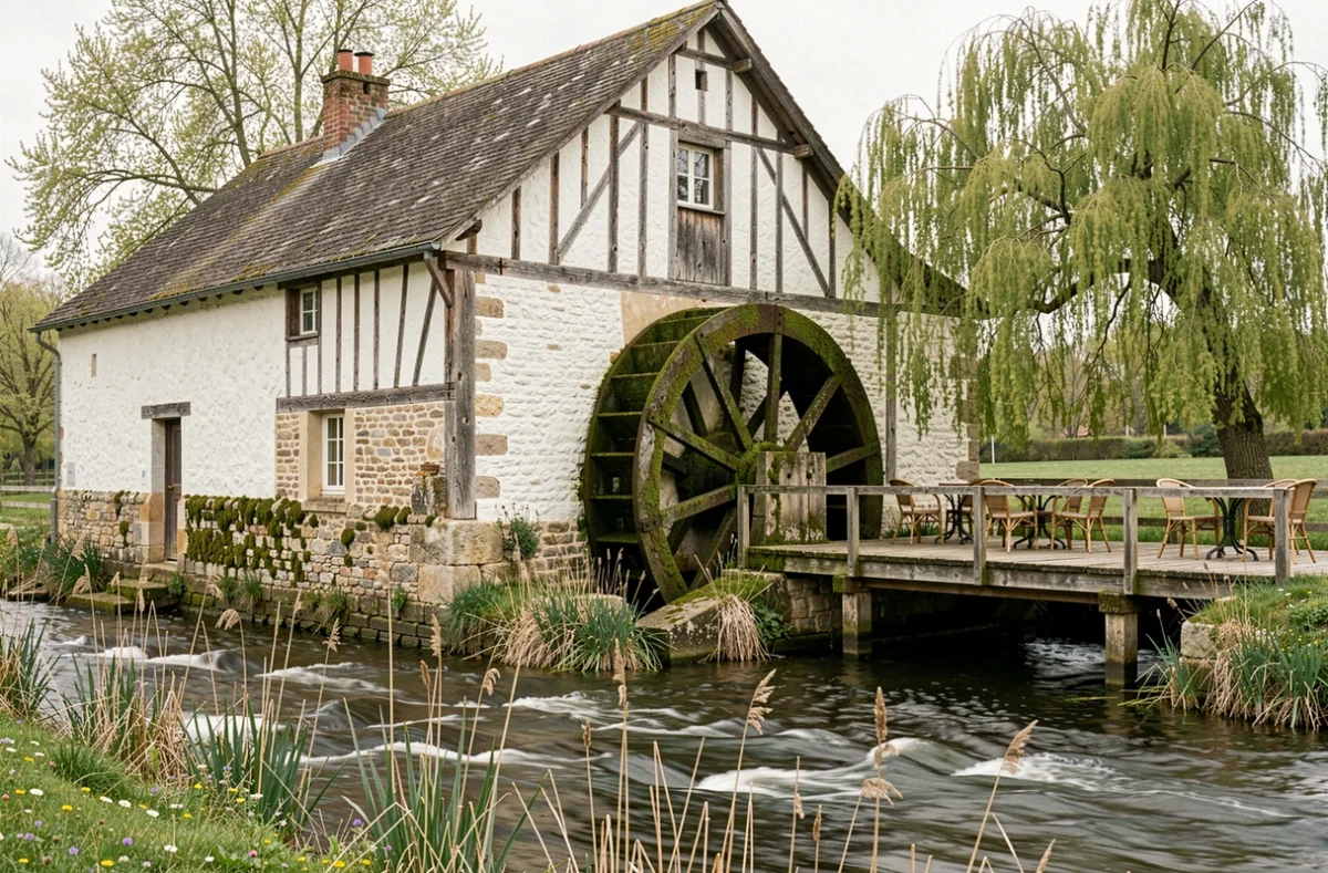 Le Moulin de la Recense dans les Yvelines avec sa roue à eau en pierre et sa terrasse rustique au bord du ruisseau