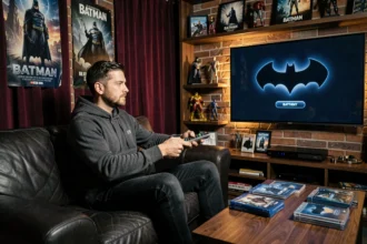 Passionné de cinéma assurant le visionnage des films Batman dans l'ordre dans une salle de cinéma maison décorée de posters DC