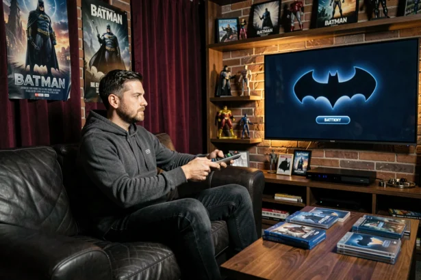 Passionné de cinéma assurant le visionnage des films Batman dans l'ordre dans une salle de cinéma maison décorée de posters DC