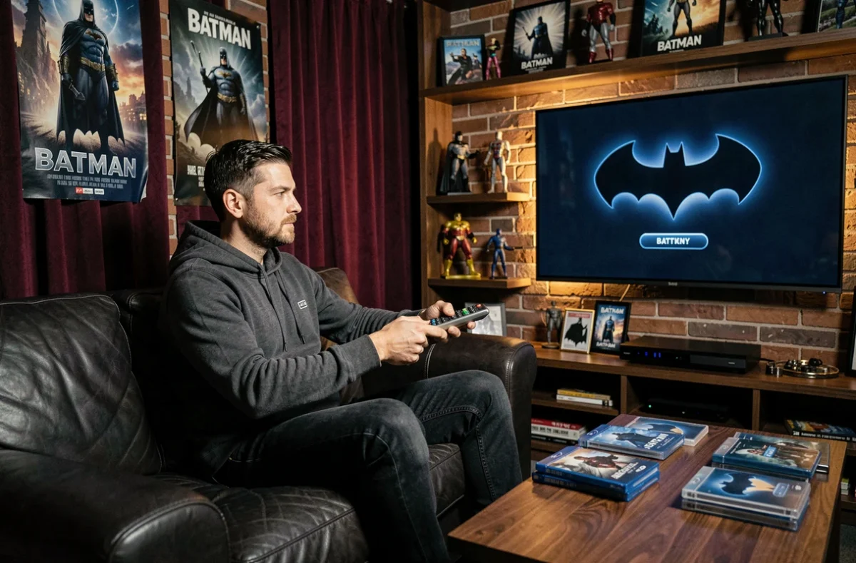 Passionné de cinéma assurant le visionnage des films Batman dans l'ordre dans une salle de cinéma maison décorée de posters DC