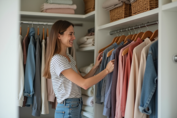 Femme arrangeant des robes colorées dans un dressing moderne