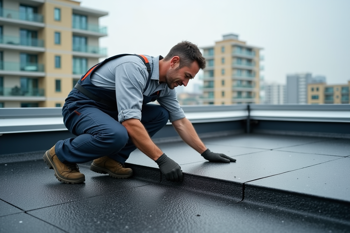 Ouvrier couvreur inspectant un toit plat urbain