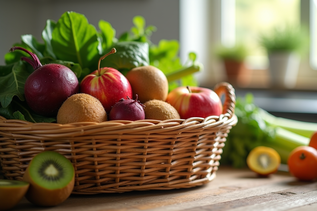 Panier en osier avec fruits et légumes de janvier