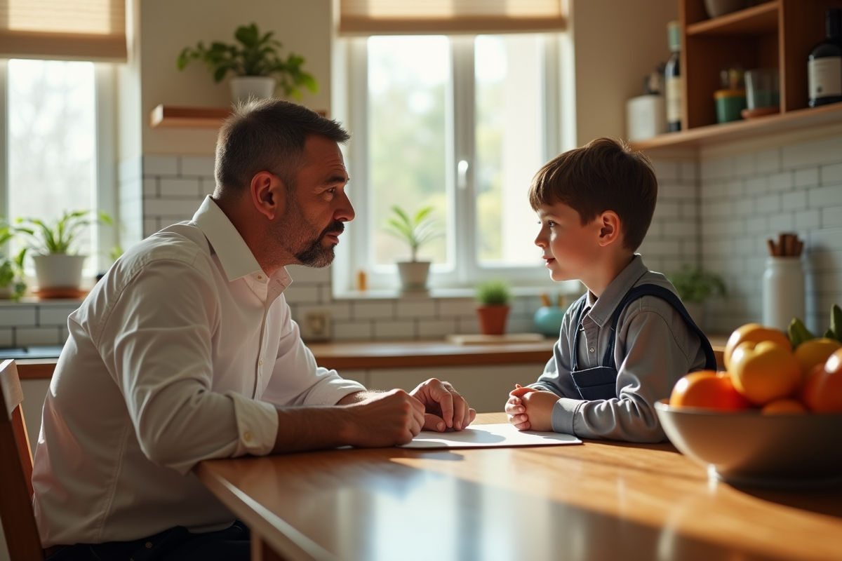Père et fils discutant à la table de cuisine