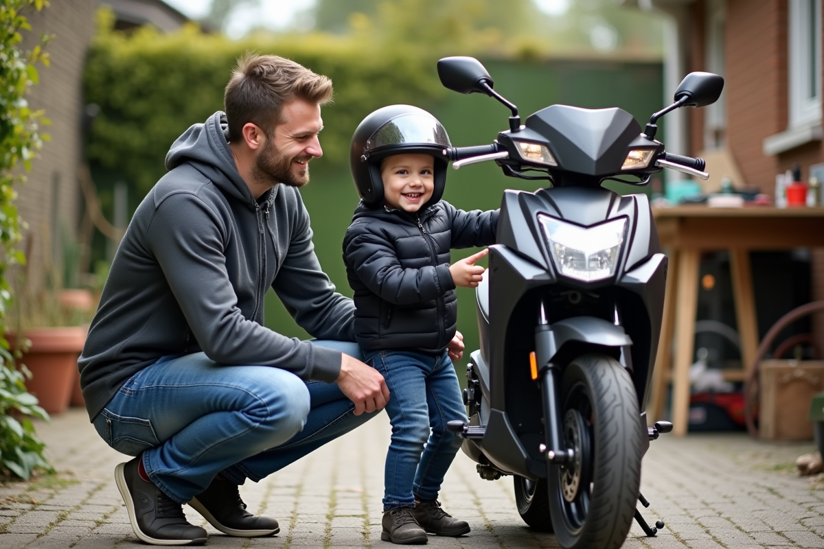 Père et enfant près d'une moto Yamaha Piwi 50 dans la cour