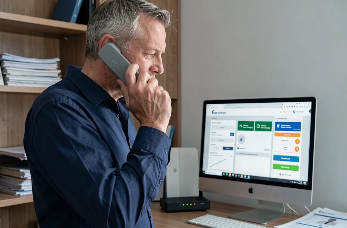 Homme paramétrant le répondeur Free Telecom sur combiné DECT dans un bureau à domicile
