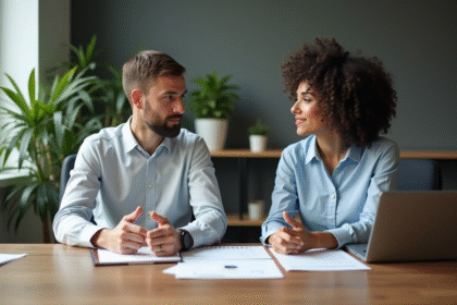 Deux partenaires d'affaires discutent dans un bureau moderne