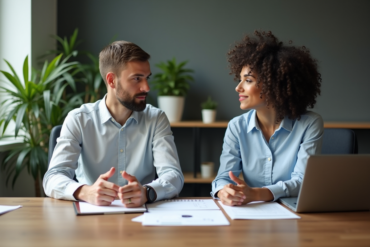 Deux partenaires d'affaires discutent dans un bureau moderne