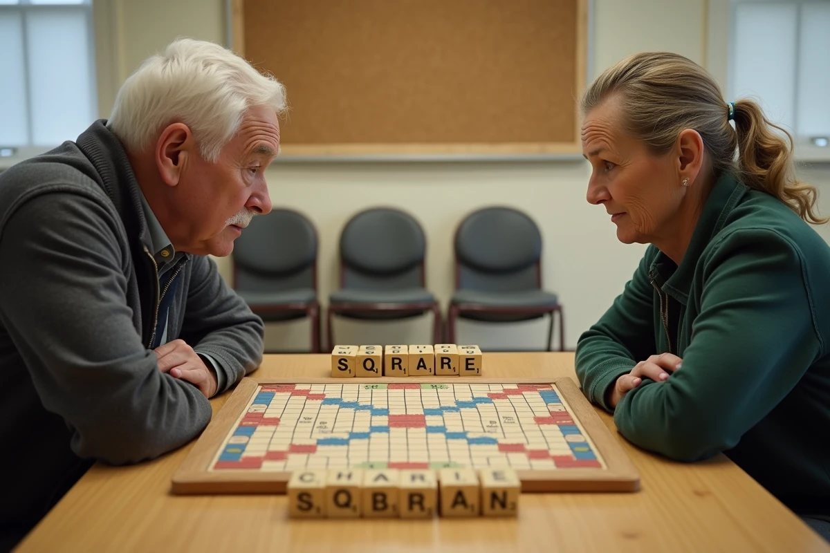 Deux joueurs adultes face à face autour d'un plateau de Scrabble physique lors d'une partie en club, évoquant les règles officielles du jeu en compétition