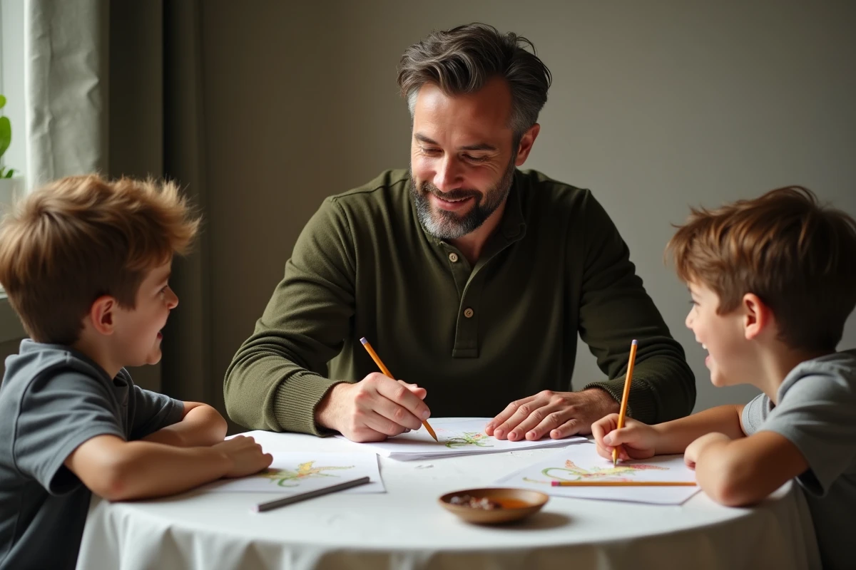 Père montrant son dessin de dinosaure à ses deux fils autour de la table lors d'une activité créative en famille