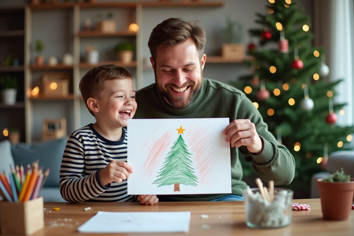 Père et fils montrant leur dessin de Noël colorié