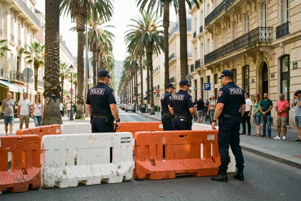 Périmètre de sécurité policier sur un boulevard de Cannes avec barrières et agents en uniforme lors d'une alerte à la bombe