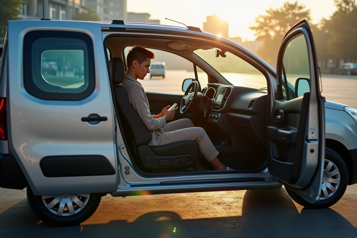 Voiture Peugeot Partner garée avec conducteur utilisant son smartphone