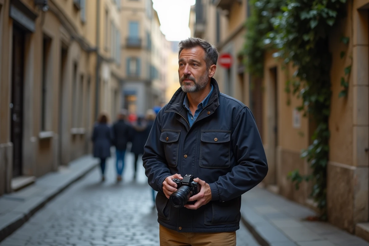 Photographe reporter explorant une ruelle pavée européenne avec un appareil photo, ambiance magazine éditorial