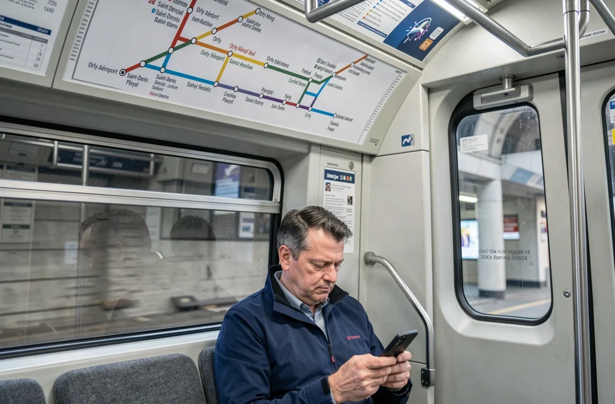 Plan de la ligne 14 affiché dans un wagon de métro parisien avec un passager assis