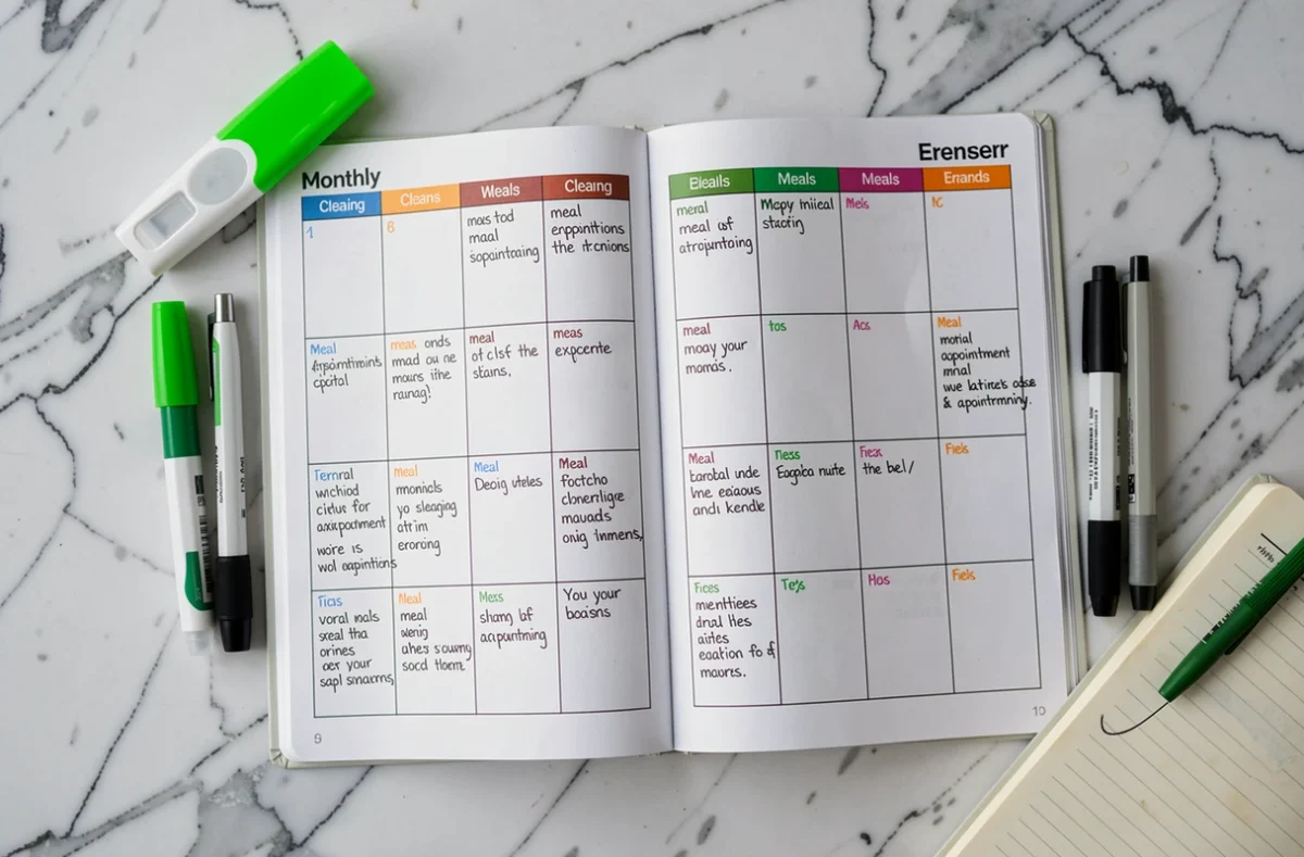Vue aérienne d'un planning mensuel imprimé ouvert sur un comptoir en marbre avec des stylos et surligneurs