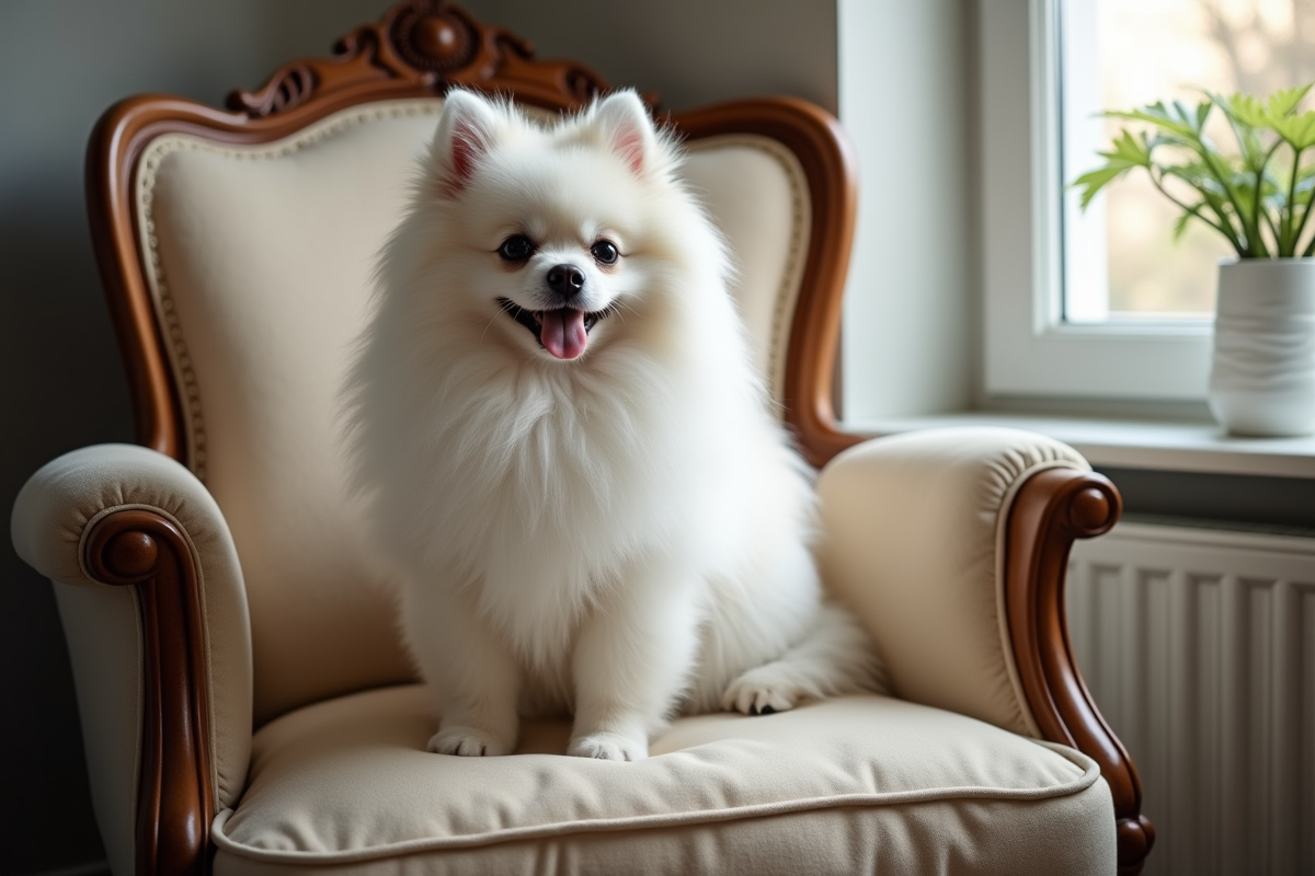 Chien Pomeranian blanc assis sur un fauteuil vintage