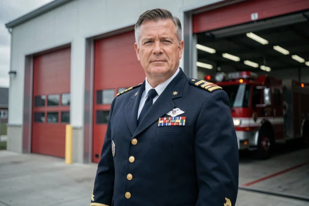 Pompier gradé en uniforme d'apparat devant une caserne de pompiers moderne avec insignes de grade visibles