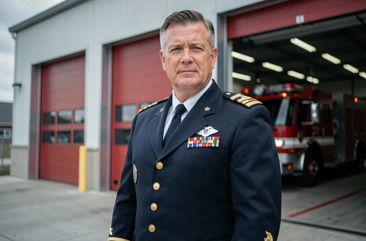 Pompier gradé en uniforme d'apparat devant une caserne de pompiers moderne avec insignes de grade visibles