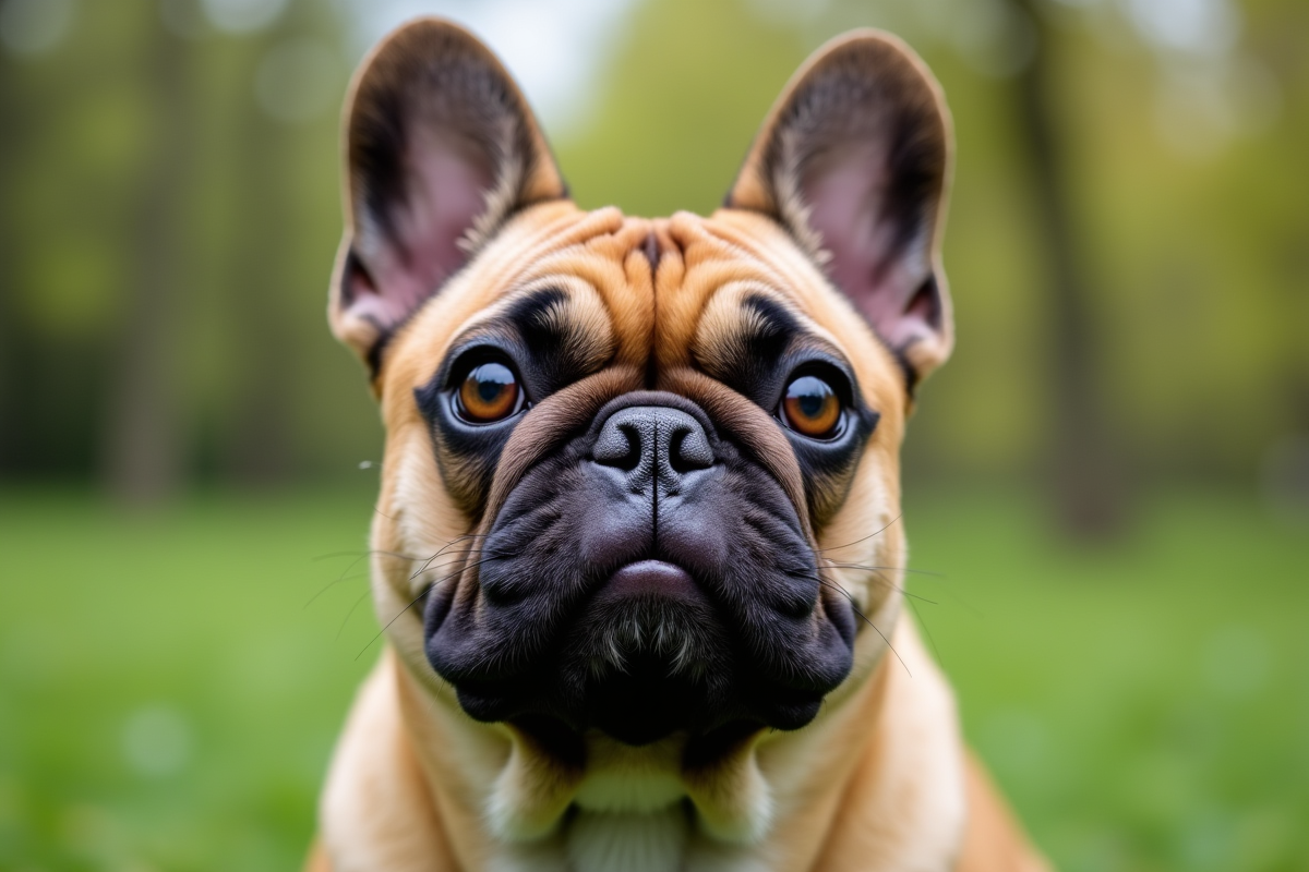 Portrait en gros plan d un bulldog français dans un parc vert