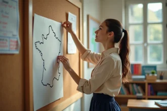 Jeune professeure en classe pinçant une carte de France