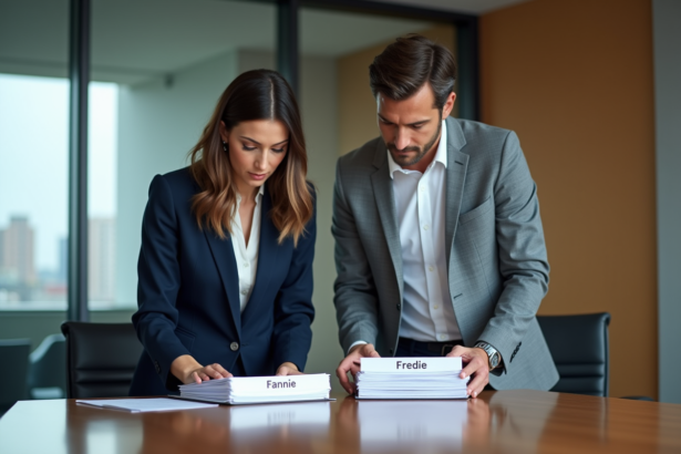 Deux professionnels examinant des documents financiers dans un bureau moderne