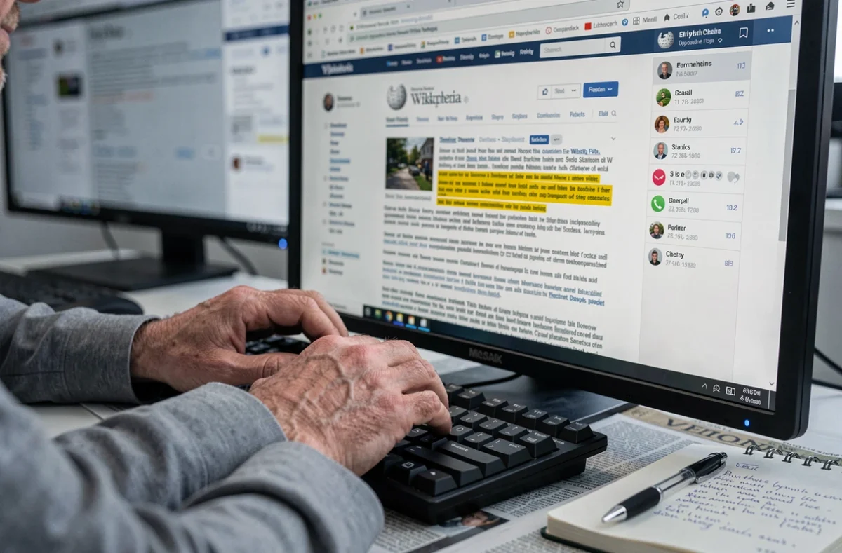 Mains tapant sur un clavier face à un écran Wikipedia et des réseaux sociaux, illustrant la propagation d'une rumeur sur internet