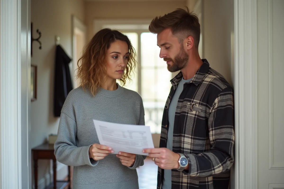 Couple de propriétaires consultant le diagnostic de conformité du réseau d'eaux pluviales avant une vente immobilière