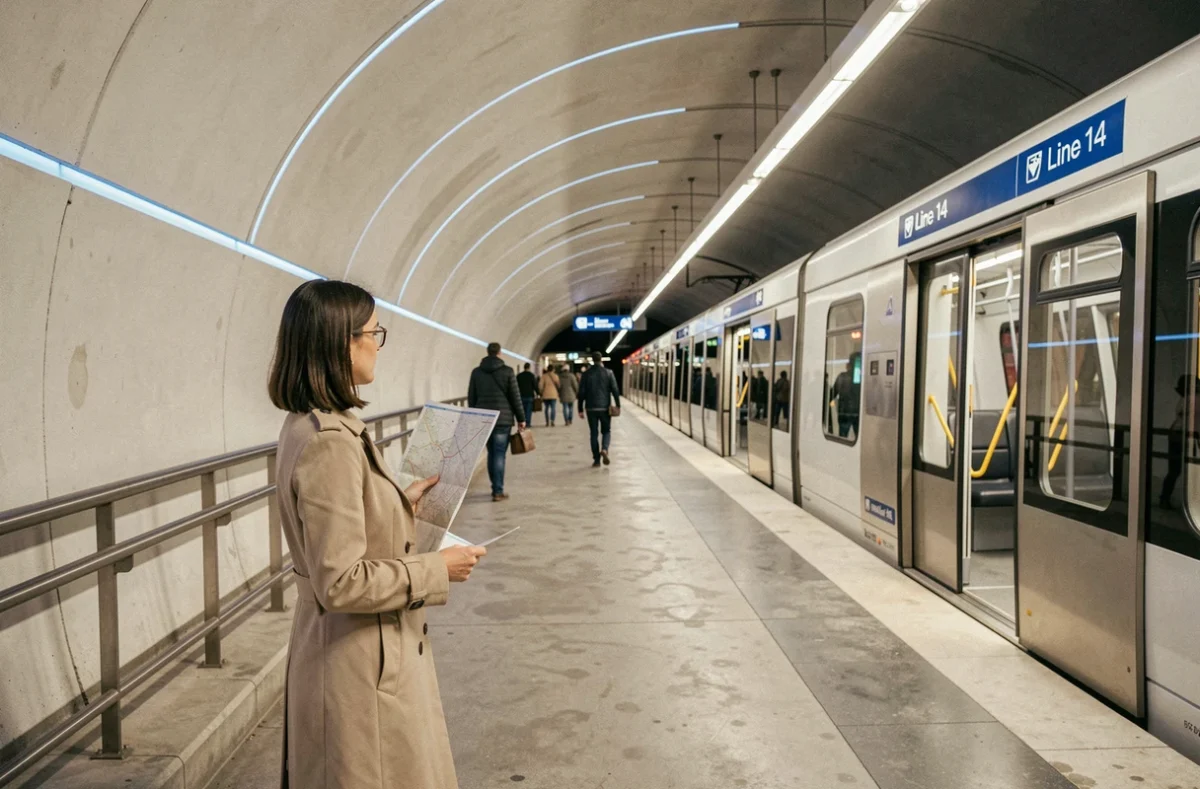 Quai de la ligne 14 du métro parisien avec une voyageuse tenant un plan, train automatique en approche