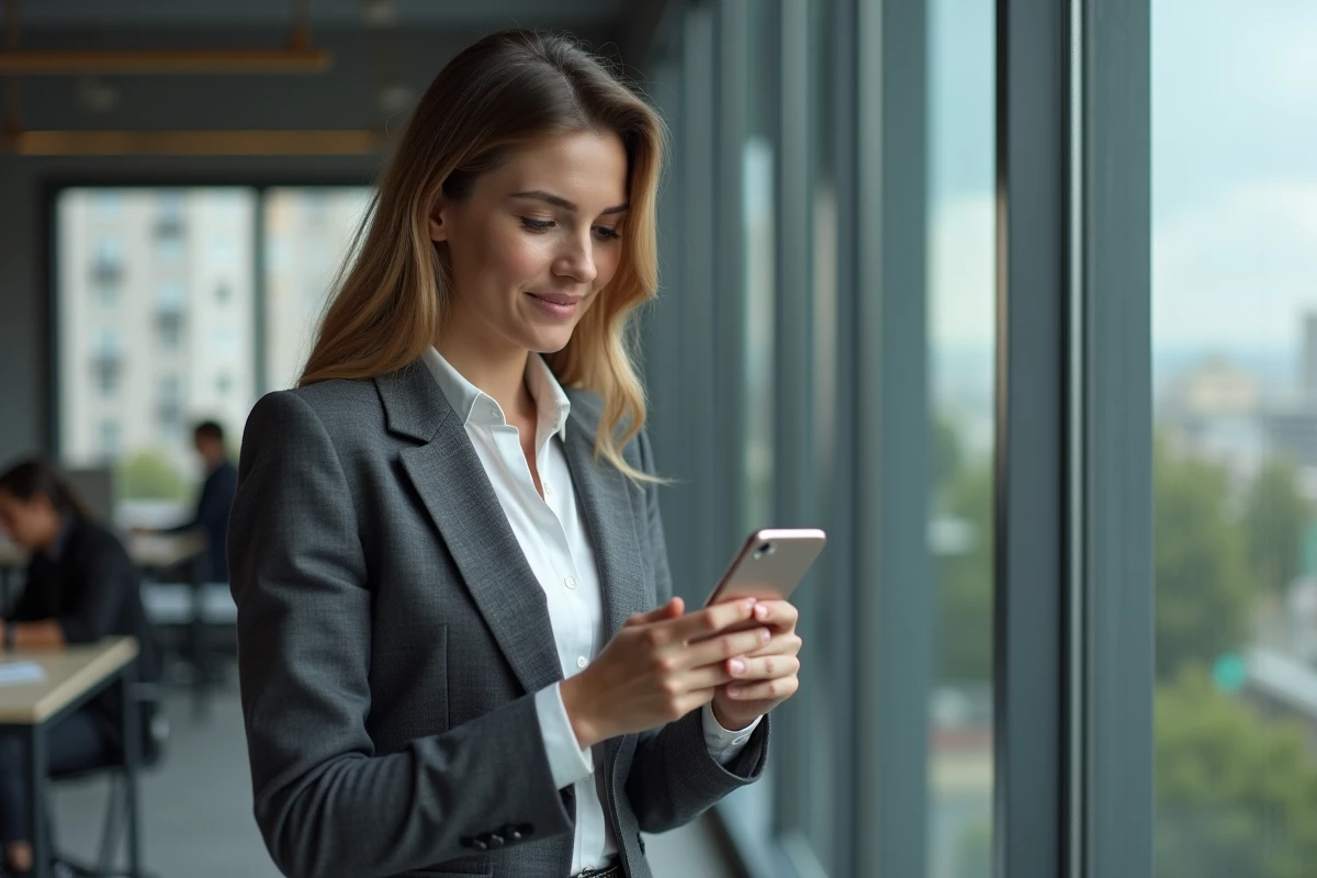 Femme professionnelle consultant un quiz sur les valeurs politiques républicaines sur son smartphone dans un espace de travail moderne