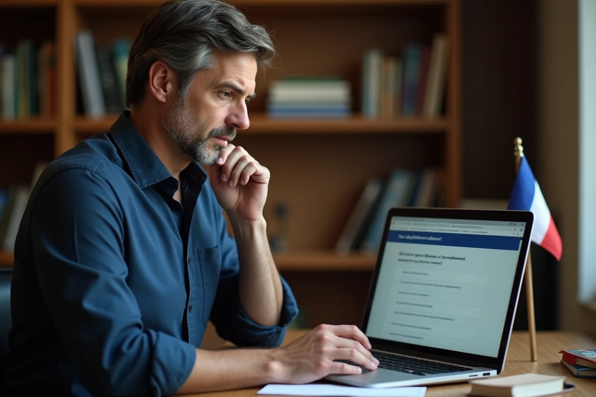 Homme adulte répondant à un quiz politique sur ses valeurs républicaines devant un ordinateur portable dans un bureau à domicile