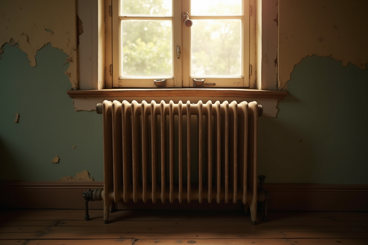 Radiateur ancien sous une fenêtre ensoleillée dans un salon cosy