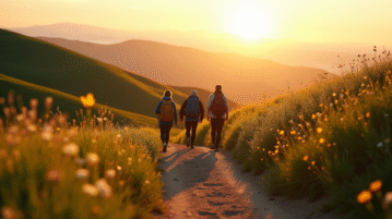 Groupe de randonneurs sur un sentier ensoleille dans la nature