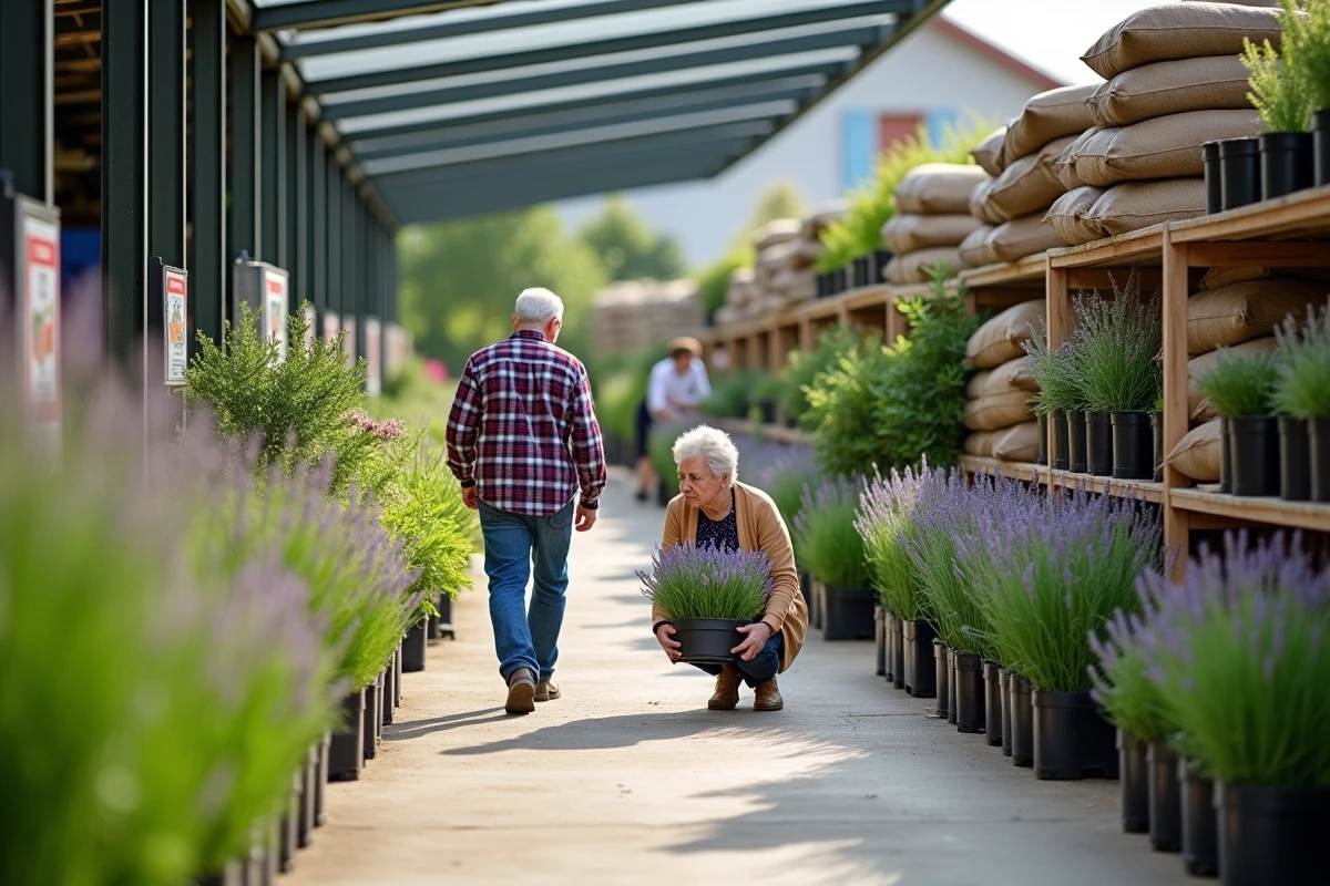 Couple choisissant des plantes et des arbustes dans le rayon jardinage extérieur d'un grand magasin ouvert le dimanche à Montpellier