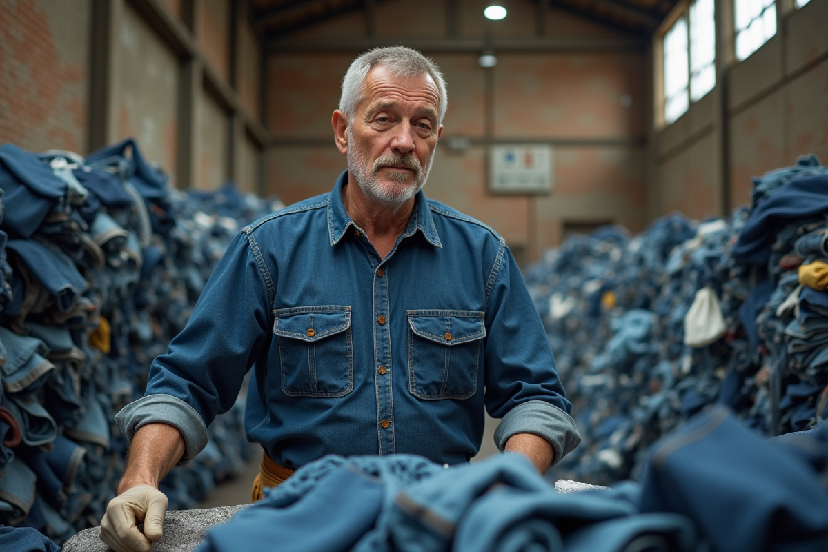 Ouvrier triant des vêtements en denim dans une usine textile