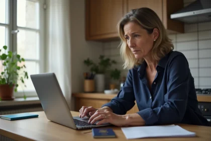 Femme renouvellant son passeport en ligne depuis son domicile via le service ANT gouvernement