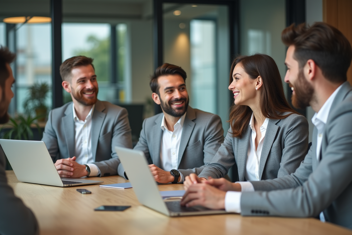 Groupe de collègues en réunion dans un bureau moderne et lumineux