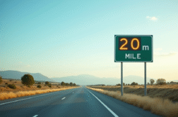 Route en plein jour avec panneau distance 20 miles