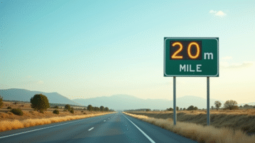 Route en plein jour avec panneau distance 20 miles